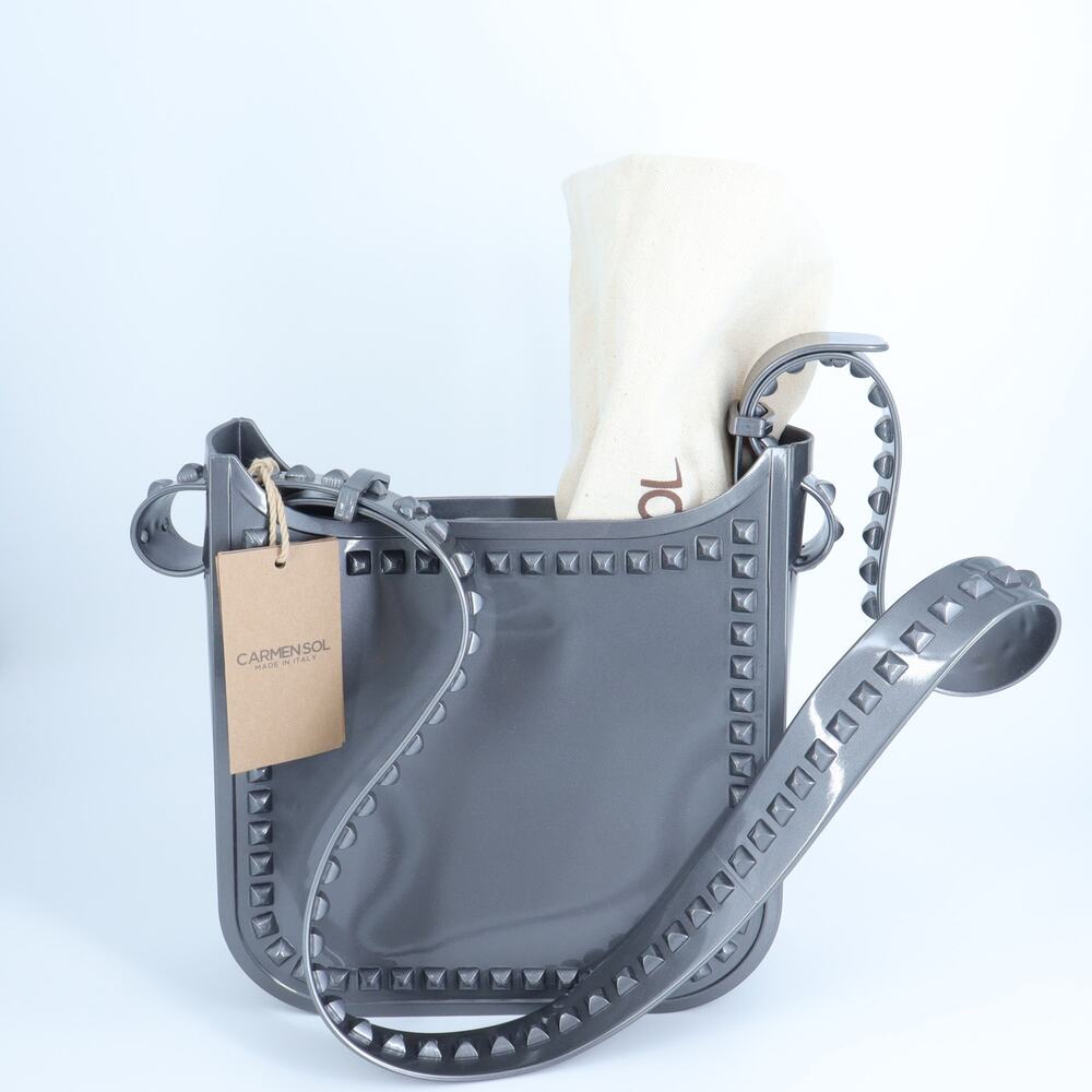 Carmen Sol Toni Mid Crossbody Bag Gunmetal NWT Metallic Studded Jelly Purse